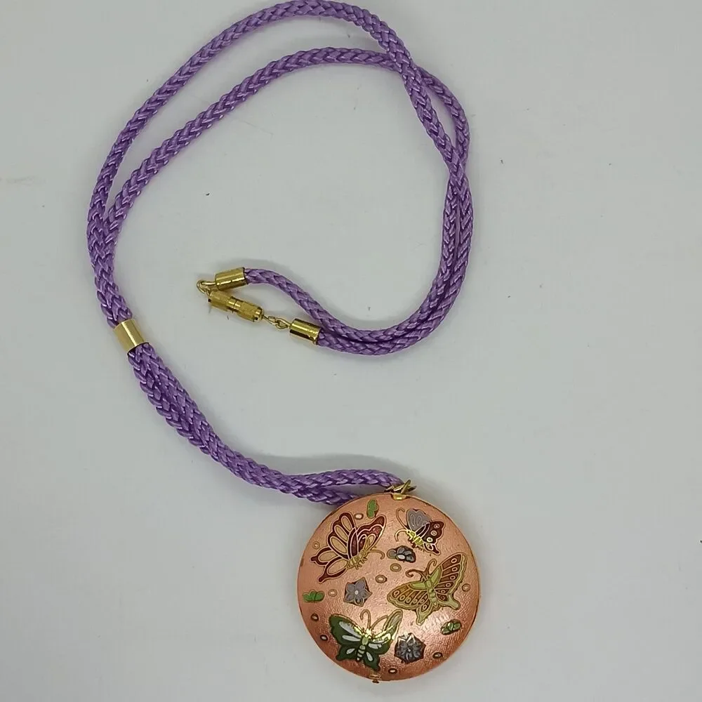 Cloisonne Butterfly Pendant Necklace Peach Enamel Art